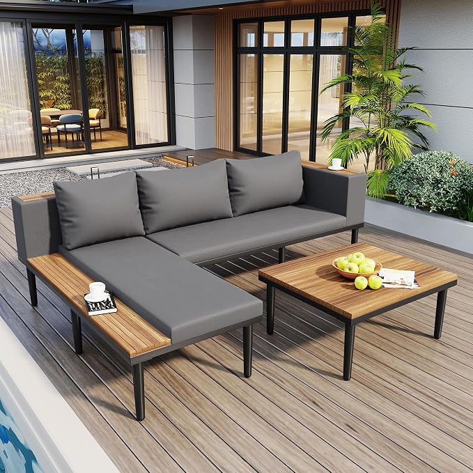 L-Shaped Outdoor Sofa Set with Removable Cushions, Acacia Wood Sectional Sofa Set with Coffee Table & Side Table, Conversation Furniture Set for Porch Backyard Balcony Deck Poolside, Gray