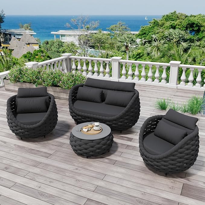 4 Pieces Outdoor Patio Furniture Set, All Weather Textilene Patio Conversation Set Patio Sofa and Loveseat Set with Table Cushions for Bistro Poolside Garden Backyard Hotel - Dark Gray