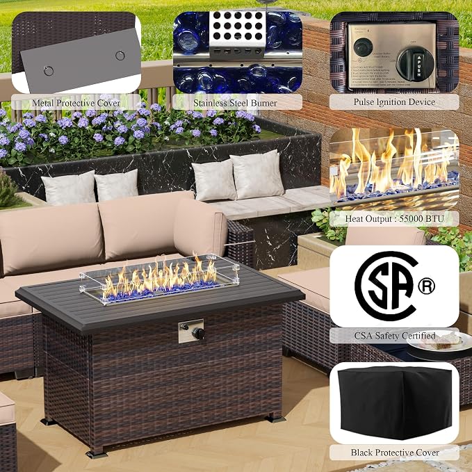 15 Pieces Outdoor Patio Furniture Set,Outdoor Sectional Furniture with 43" 55000 BTU Gas Propane Fire Pit Table,All Weather PE Rattan Wicker Patio Conversation Set,Sand