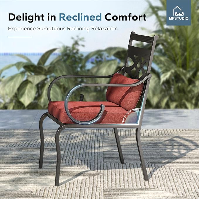 MFSTUDIO 9-Piece Patio Dining Set, 57.5" Square Metal Table, Fixed Chairs | Umbrella Hole, Red