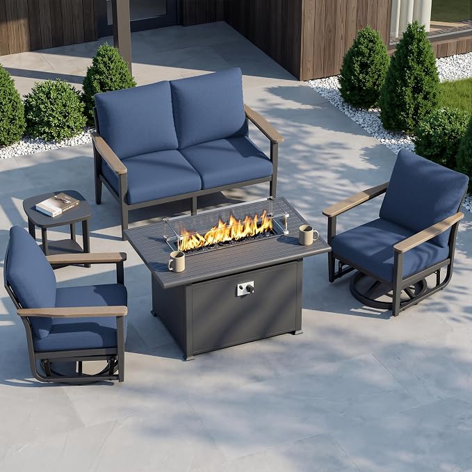 Aluminum Outdoor Patio Furniture Set with Swivel Rocking Chairs 4-Seat, Patio Sectional Sofa Patio Conversation Set with 55,000 BTU Fire Pit Table High Backrest & Thickened Cushions, Navy Blue