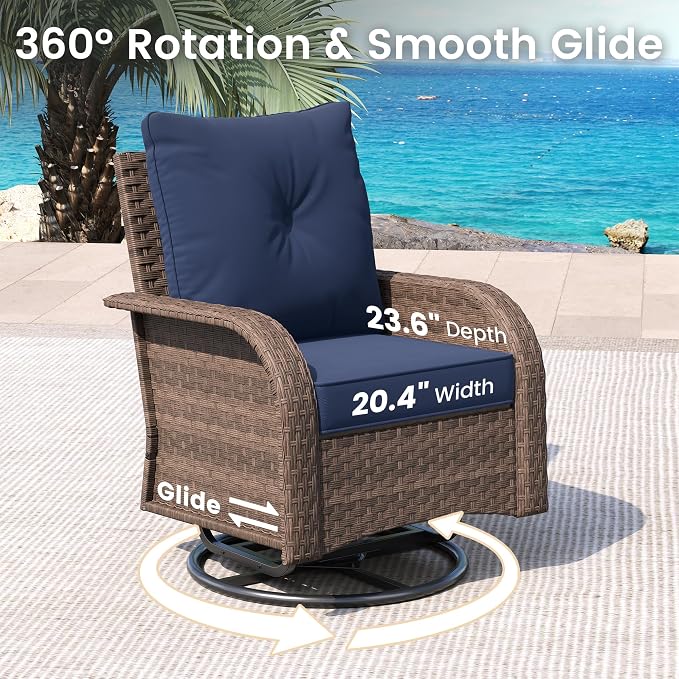 UDPATIO Patio Furniture Set with 44" Fire Pit Table, High Back 2 Swivel Rocker Chairs, Wicker Outdoor Conversation Sets with Thick Cushions & Ottoman, for Garden, Porch