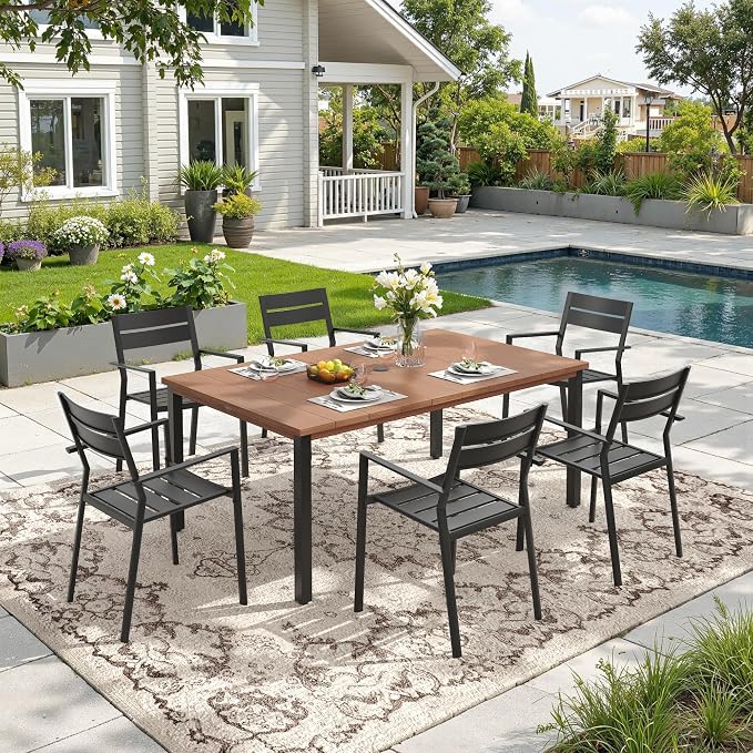DIFY 7 Pieces Outdoor Patio Dining Set, 6 Black Stackable Metal Dining Chairs and 63" Walnut Rectangle Dining Table, Outdoor Table and Chairs for Lawn Garden Backyard Deck