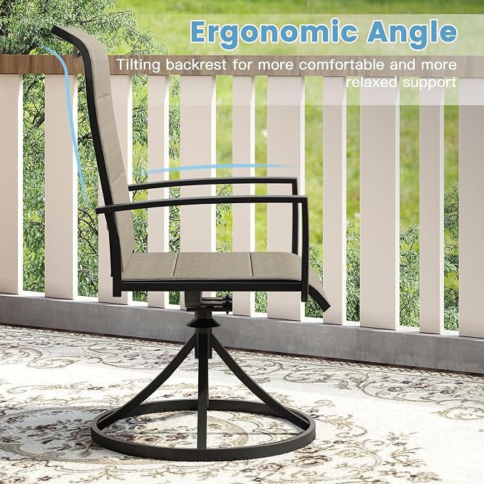 DIFY 5 Piece Outdoor Patio Dining Set for 4, 37.8" Black Square Metal Dining Table and Swivel Patio Chairs with Brown Padded Textilene, All-Weather Outdoor Furniture Set for Garden Backyard Porch