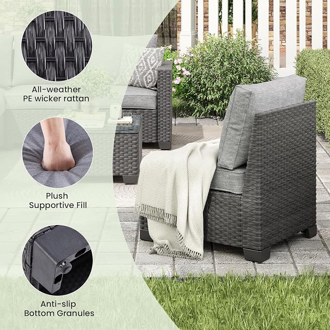 Soohow 7-Piece Patio Furiture Sofa Set, Outdoor Furniture with Corner Sofa, Ottoman, 3 Armless Chairs, One-Arm Sofa & Coffee Table, Water/Oil/Stain-Resistant Fabric (Dark Gray Cushion)