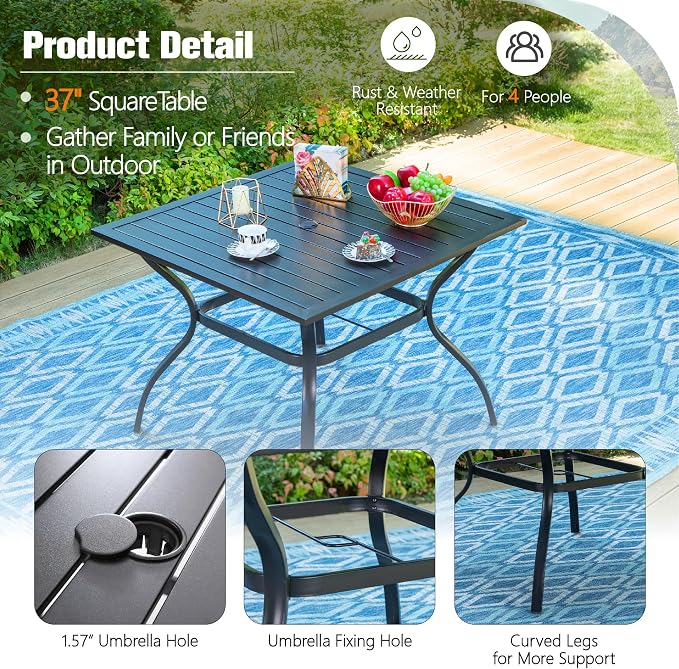 Sophia & William 5 Pieces Patio Dining Set for 4 People, Patio Table and Rattan Chairs Set, Square Metal Outdoor Table and Wicker Chairs, 1.57" Umbrella Hole, Seat Cushions