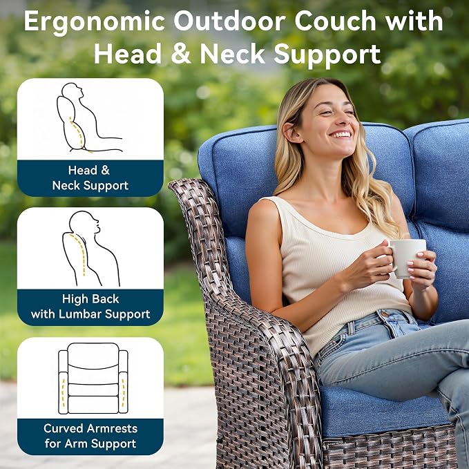 Luxury Outdoor Patio Furniture Set-Wicker High Backrest 3-Seat Patio Sofa with Comfy 6" Cushion, Rattan Couch with Deep Seat All-Weather Patio Conversation Set for Deck Backyard Garden(Brown/Blue)