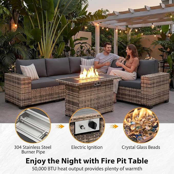UDPATIO Patio Furniture Set L-Shaped, 8" Width Armrest Sectional Set, Al Weather PE Rattan Conversation Furniture with High Density Cushions and Coffee Table for Outdoor Backyard Porch Grey