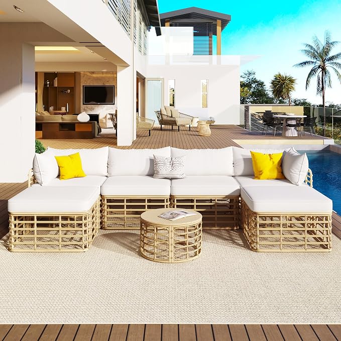 7 Pieces Outdoor Patio Rattan Sectional Sofa Set, Beige All-Weather Wicker Conversation Furniture with Thick Cushions, Modular Garden Seating, Freely Combined Lounge Set with Round Coffee Table