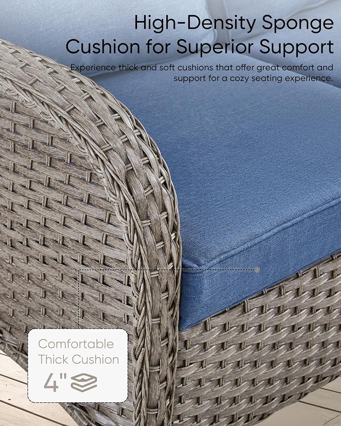 HUMMUH 6 Pieces Outdoor Patio Furniture-PE Rattan Wicker Sofa with Patio Swivel Rocking Chairs Patio Furniture for Deck Lawn Porch Balcony Poolside-Grey/Blue