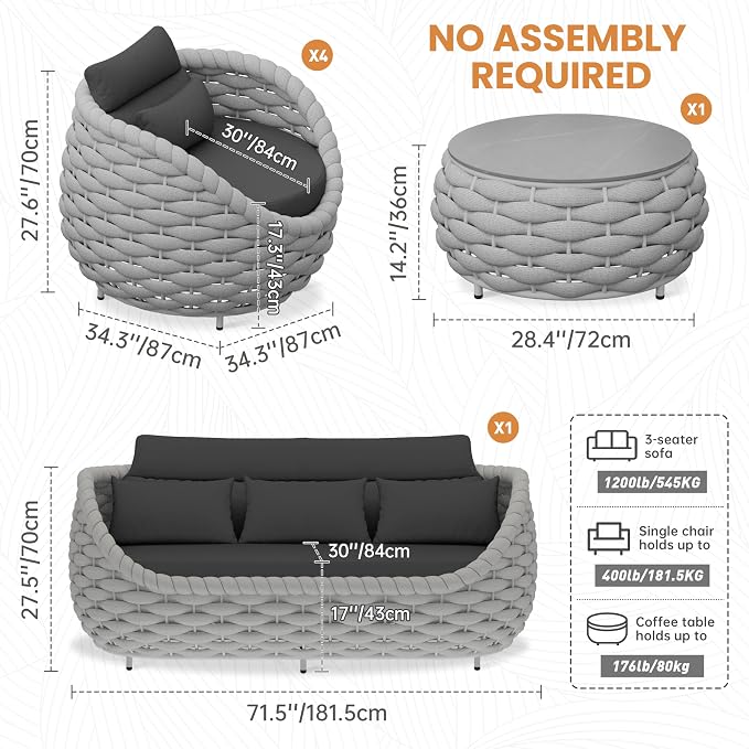 Aluminum Outdoor Couch Set: 6 Pieces Woven Rope Patio Conversation Set - Metal Modern Porch Furniture Sofa Set - All Weather Assembled Deck Seating for Courtyard Backyard Rooftop Hotel Resort
