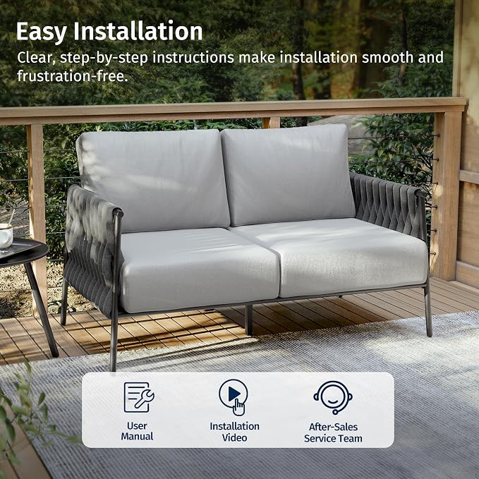 East Oak Outdoor Furniture | Life Chatter Loveseat | 2 Seater Sofa with 6.7" Thick Washable Cushions | Deep Seating Patio Furniture for Garden, Porch, Balcony & Backyard | Misty Grey