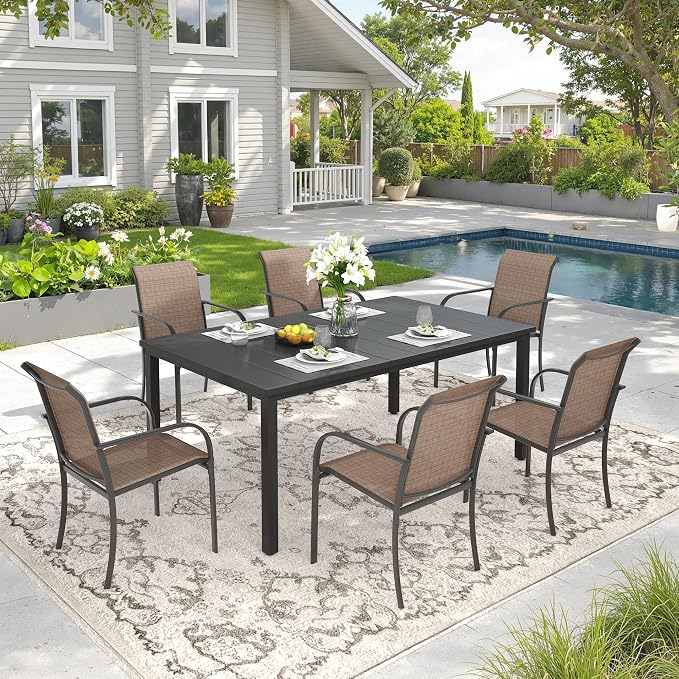 DIFY 7 Pieces Outdoor Patio Dining Set for 6, 63" Black Rectangle Metal Dining Table and 6 Brown Stackable Sling Dining Chairs, Outdoor Table and Chairs for Lawn Garden Backyard Deck