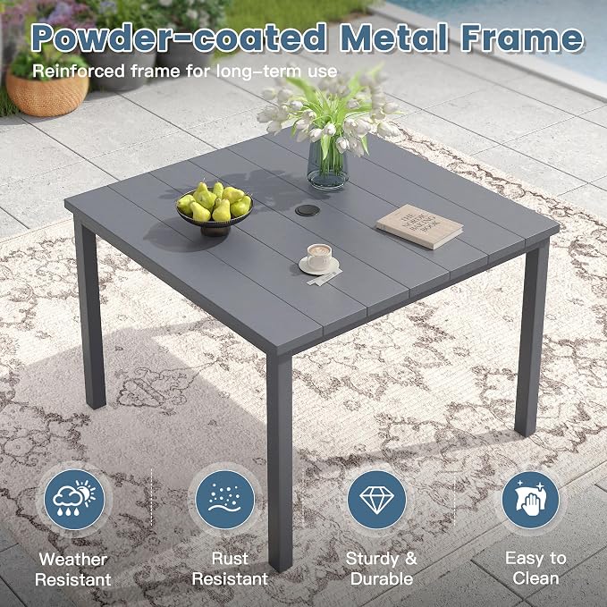 DIFY 5 Pieces Outdoor Patio Dining Set for 4, 40.2" Square Metal Dining Table and 4 Stackable Textilene Patio Chairs, Outdoor Table and Chairs for Backyard Garden Poolside, Grey