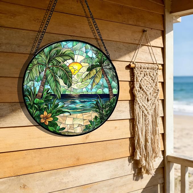 DASTOLL Stained Glass Window Hanging, Green Beach Scenery Suncatcher Diamond Glass Panel Hangings Sun Catchers Decor for Birthday for Women, Men, Wife, Aunt, and Mom 7.8 in