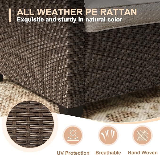 VICLLAX 5 Pieces Wicker Outdoor Furniture Set with Ottomans, PE Rattan Patio Conversation Set with 2 Single Chairs, Metal Side Table for Deck Porch Pool, Beige Cushion
