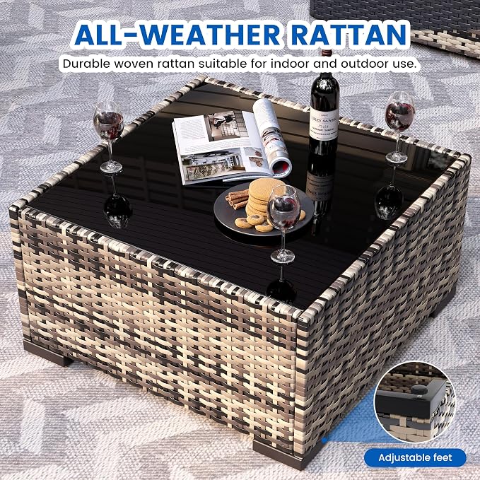 8-Piece Patio Furniture Set with 44” Fire Pit Table - All-Weather Wicker Conversation Sectional Sofa & Coffee Table with Thickened Cushions for Backyard, Garden(Black)