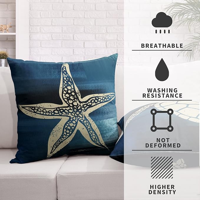 Coastal Starfish Sea Turtle Decorative Pillow Covers Blue Linen Square Pillowcase 22x22 Beach Nautical Theme Cushion Covers for Living Room Couch Outdoor Pack of 2