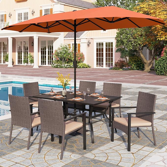 PHI VILLA 7pc Patio Dining Set with Red Umbrella, 6 Rattan Chairs | 60" Metal dining table, 6 cushioned rattan wicker chairs, 13ft red umbrella. Perfect for patio, deck, yard, or porch.