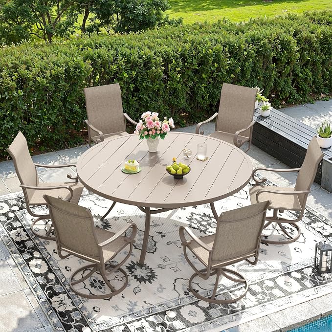 DIFY 7 Pieces Outdoor Dining Set for 6, Outdoor Furniture Set of 6 Textilene Swivel Patio Chairs, 53" Round Metal Dining Table with Umbrella Hole, for Garden Deck Backyard, Sandshell