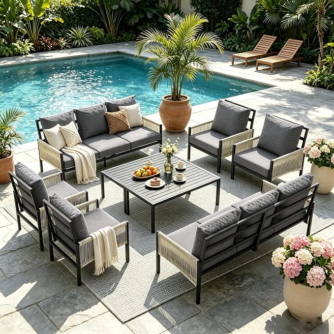 AECOJOY Aluminum Patio Furniture Set 10 Seats Outdoor Sectional Couch with Coffee Central Table Patio Conversation Sets for Porch Deck (Dark Grey, 8PCS, 10 Seat)
