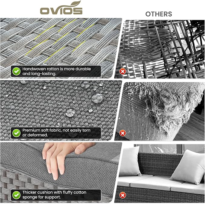 ovios 13 Pieces Patio Furniture Set, Outdoor Wicker Sectional Sofa with 54 Inch Fire Pit Table Comfy Cushions, Modern Modular Deep Seat Rattan Couch Conversation Set, Dark Grey