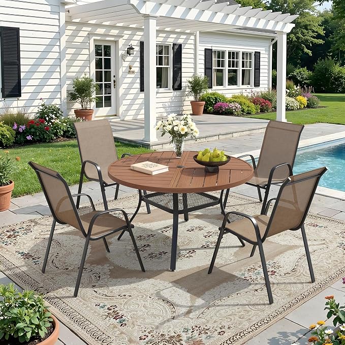 DIFY 5 Piece Outdoor Dining Set, 40" Walnut Round Metal Dining Table and Brown Textilene Stackable Patio Chairs, Patio Table and Chairs Set for 4 with Umbrella Hole for Backyard Garden Deck