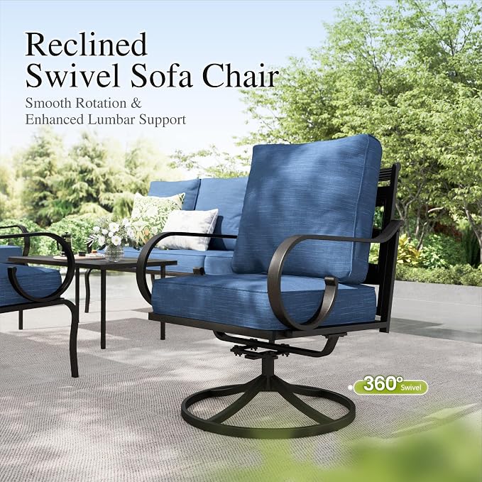 Sophia & William Patio Conversation Set for 7, 3-Seater Sofa, 4 Swivel Chairs and a Coffee Table, Metal Outdoor Furniture with 5.75" Extra Thick Cushions, Navy
