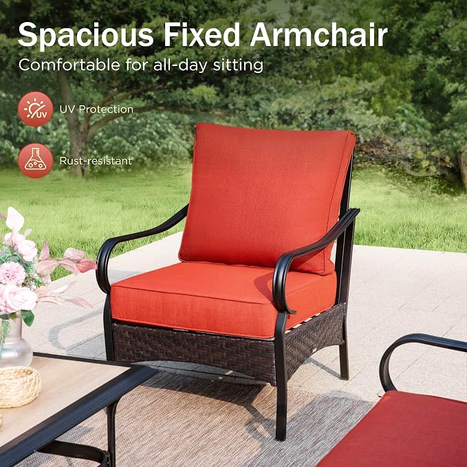 PHI VILLA Outdoor Modern Patio Furniture Set, Upgraded Wicker & Metal Patio Furniture Conversation Set with Waterproof Thick Cushions for Porch, Poolside, Yard (4 Pieces,Red)