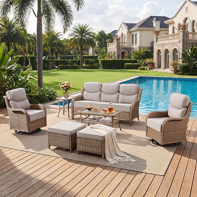 Luxury High Back Patio Furniture Set with 6-Inch Thick Cushions, 7-Pieces Outdoor Furniture with Swivel Chairs, Wicker Conversation Set for Porch, Balcony, Deck and Yard, Yellow/Beige