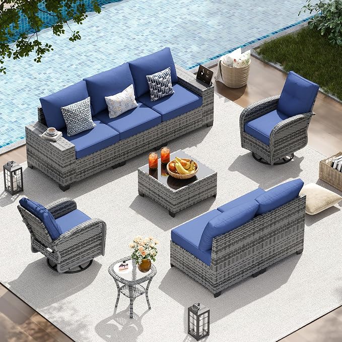 LazySunsets 9 PCS Patio Furniture Set, Outdoor Sectional All-Weather Wicker Conversation Set with Swivel Rocker Chairs, 4'' Thick Cushions for Backyard Poolside(Navy/Grey)