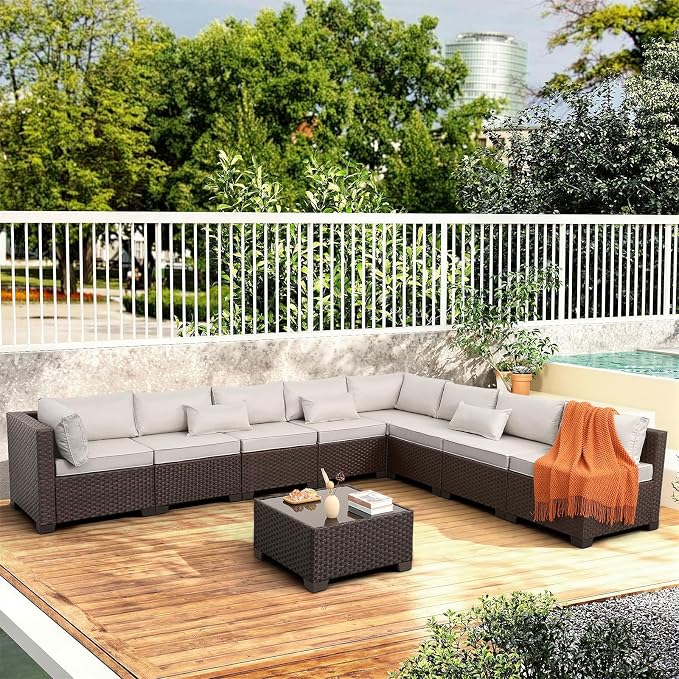 Rattaner 9 Pieces Outdoor Sectional All-Weather HDPE Brown Wicker Patio Furniture Set Patio Sectional Glass Patio Table Non-Slip Cushions and Waterproof Covers, Beige