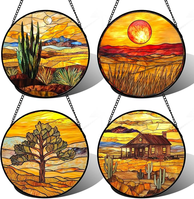 DASTOLL Stained Glass Window Hanging 4 Pcs Set Desert Sunset Theme Landscape Large 15" - Suncatcher Door Garden Sun Catcher Decor Birthday Christmas for Mom Woman Nana Men