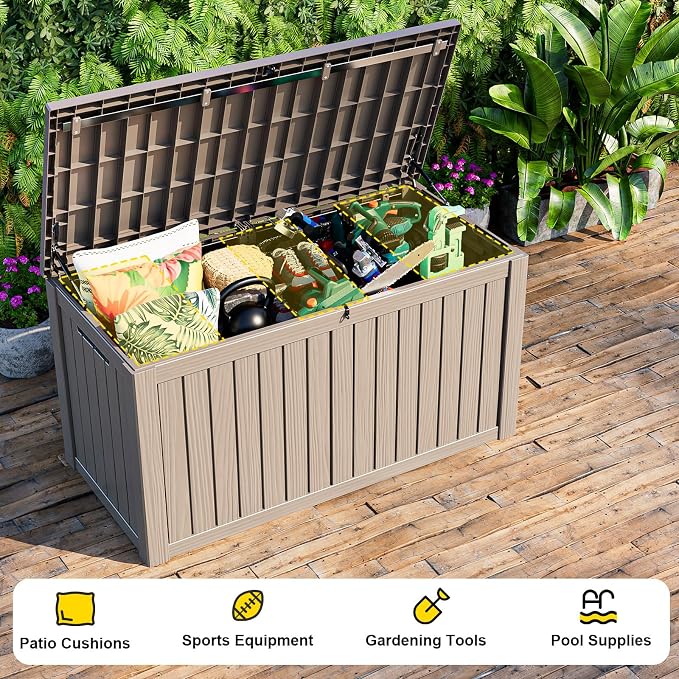 Vixzen 180 GallonOutdoor Storage Box Waterproof, Large Lockable Resin Deck Box with lid for Patio Furniture Cushions, Weatherproof Storage Boxes for Garden Tools & Pool Accessories(Grey, 180 Gallon)