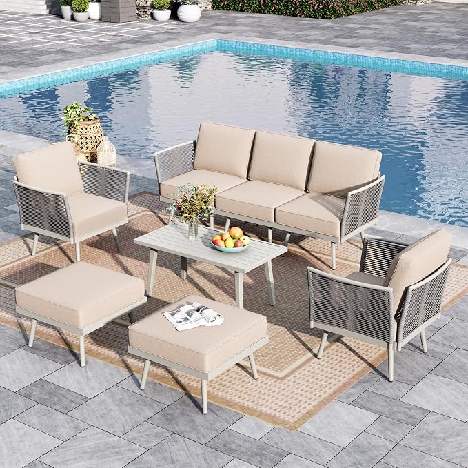 Sophia & William 8-Piece Patio Furniture Set, Outdoor Sectional Furniture with Classic Rope PE Rattan and Coffee Table, All-Weather Conversation Set with Anti-Rust Frame and Olefin Cushions