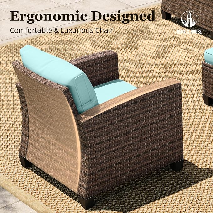 HERA'S HOUSE Wicker Patio Furniture Set, Outdoor Sectional Conversation Sets, 6 Pieces 9 Seats Waterproof Deck Backyard Lawn Furniture, Blue