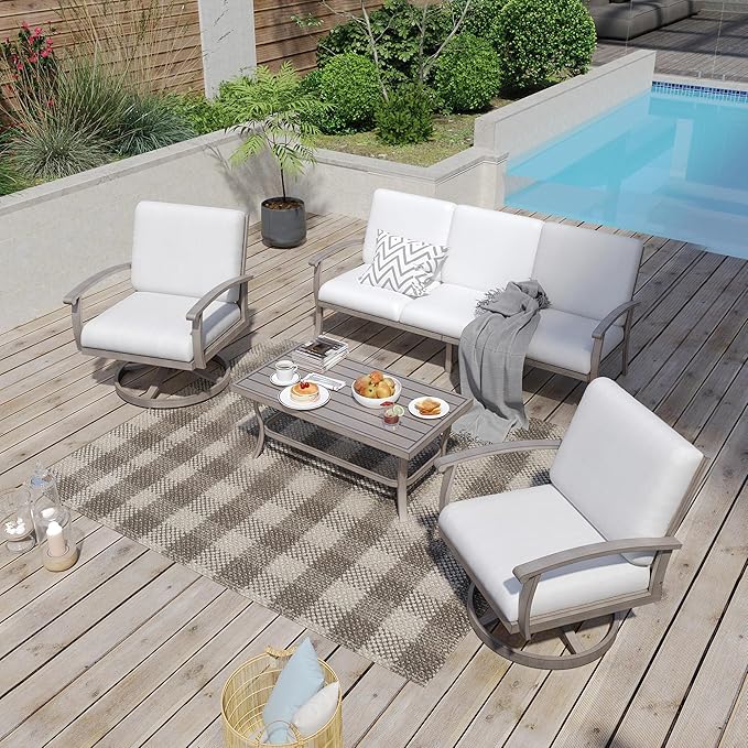HAPPATIO 4 Piece Aluminum Patio Furniture Set, 5-Person Outdoor Swivel Chairs and 3-Seat Sofa, All-Weather Outdoor Sectional Sofa with Comfortable Cushions and Coffee Table(Gray)