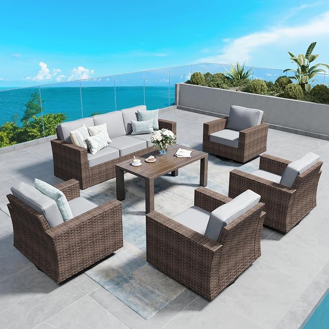 SUNSHINE VALLEY Swivel Glider 6 Piece Outdoor Furniture Set with Swivel Chairs, Wicker Patio Furniture with 4.92" Wide Armrest, 26.3" Deep Seating and 5.5" Thick Cushions, Grey