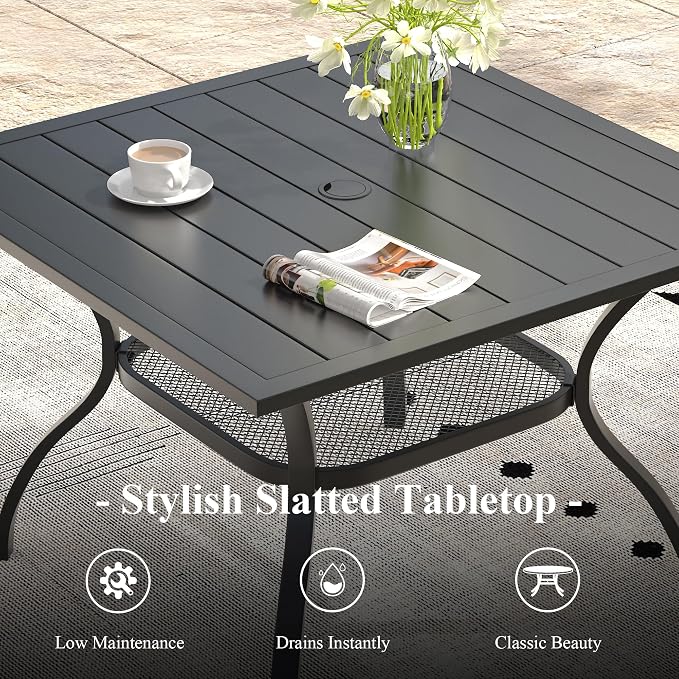 Outdoor Dining Set for 4, 37.8" Metal Outdoor Dining Table with Umbrella Hole and Sling Patio Swivel Chairs, 5 Pieces Patio Table and Chairs Set for Garden Backyard, Mixed Brown and Black
