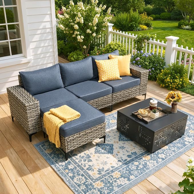CAODOC 5-Piece Patio Furniture Set with L-Shape Sofa Chaise, Outdoor Sectional Couch Solar Table, Modern Modular Wicker Rattan Conversation Set