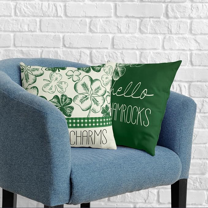 St Patricks Day Lucky Charm Pillow Covers Hello Shamrocks Hat Pillow Case 24x24 Green Clover Cotton Linen Cushion Case for Irish Party Decorations Couch Sofa 2 Pack