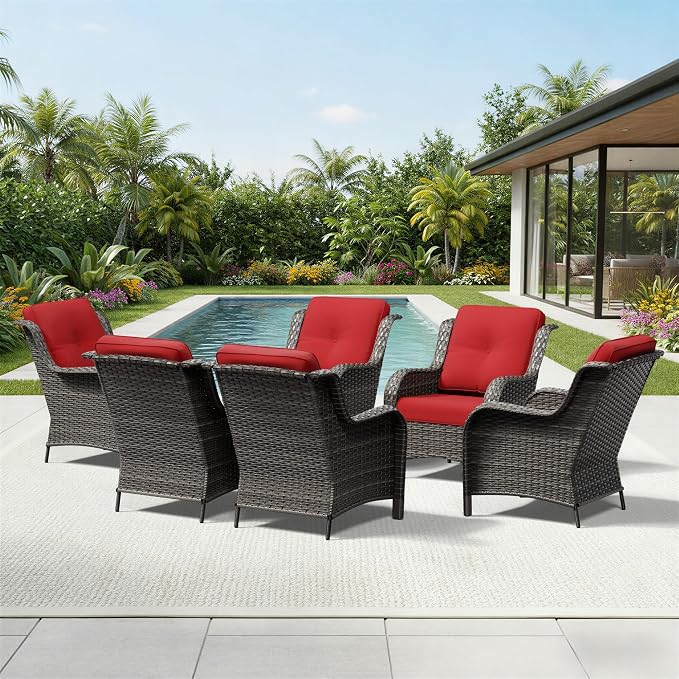 Joyside 6 Piece Wicker Patio Furniture Set, Rattan Patio Chairs with High Back, Deep Seating, Wide Armrest, Thickened Cushions, Outdoor Furniture for Deck, Porch Use
