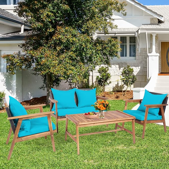 Tangkula 4-Piece Patio Furniture Set, Outdoor Acacia Wood Conversation Set with Cushions and Coffee Table, Outdoor PE Wicker Sectional Sofa Set for Garden, Poolside and Backyard (1, Turquoise)