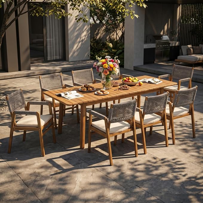 Christopher Knight Home Sky Acacia Wood Dining Table Set for 8, 9 Piece Patio Extendable Dining Table and Dining Chairs Set of 8 with Cushions & Rope Accents, Patio Furniture Set, Teak+Beige+Grey