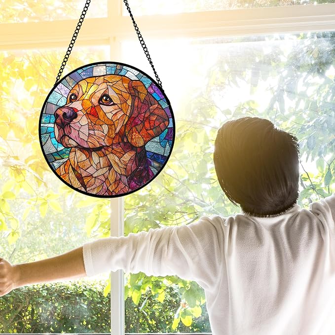 DASTOLL Stained Glass Window Hanging, Cute Dog Abstract Sun Catchers Colorful Glass Panel Texture Suncatcher Decor for Birthday for Women, Men, Wife, Aunt, and Mom 9.8 in
