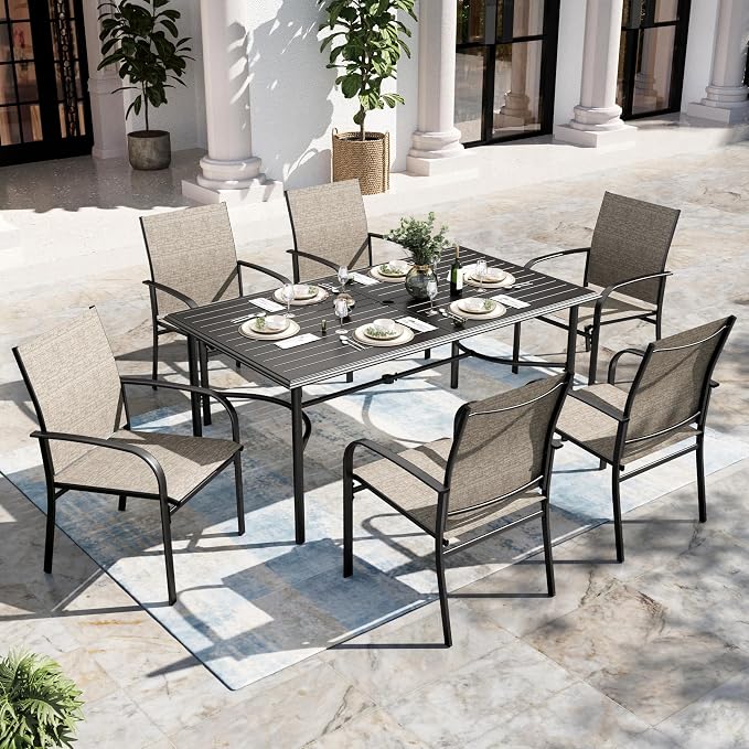 SUNSHINE VALLEY 7 Piece Patio Dining Set for 6, Rectangular Metal Dining Table with Umbrella Hole and 6 Chairs, Outdoor Table and Chairs Set for Lawn Backyard and Deck, Brown