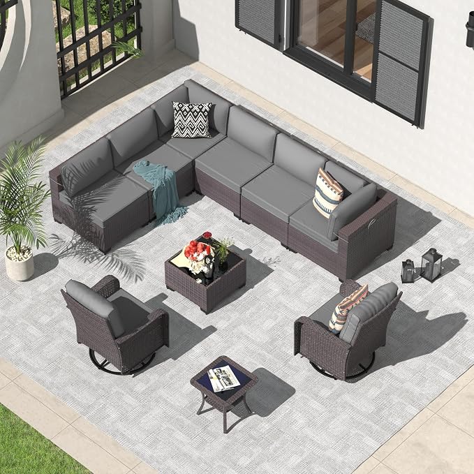 ALAULM 10 Pieces Patio Furniture Set with 2 Swivel Chairs Wicker Patio Conversation Set, Outdoor Sectional Furniture w/Coffee Table & Washable Seat Cushions-Grey
