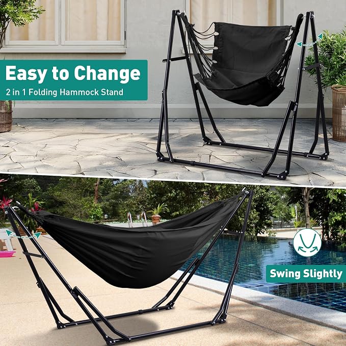 Ainfox Hammock with Foldable Stand, 2 in 1 Hammock and Swinging Chair with Carrying Bag, Portable Camping Chair Suitable for Outside, Swing,Patio,Garden,Camping Trip Black