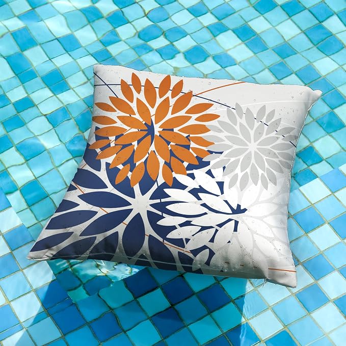 DFXSZ Pack of 2 Outdoor Waterproof Throw Pillow Covers 16x16 Orange Blue | Polyester Spring Summer Fall Floral Decorative Cushion Cases(NO INSERT),For Couch Patio Funiture Garden Home Decor