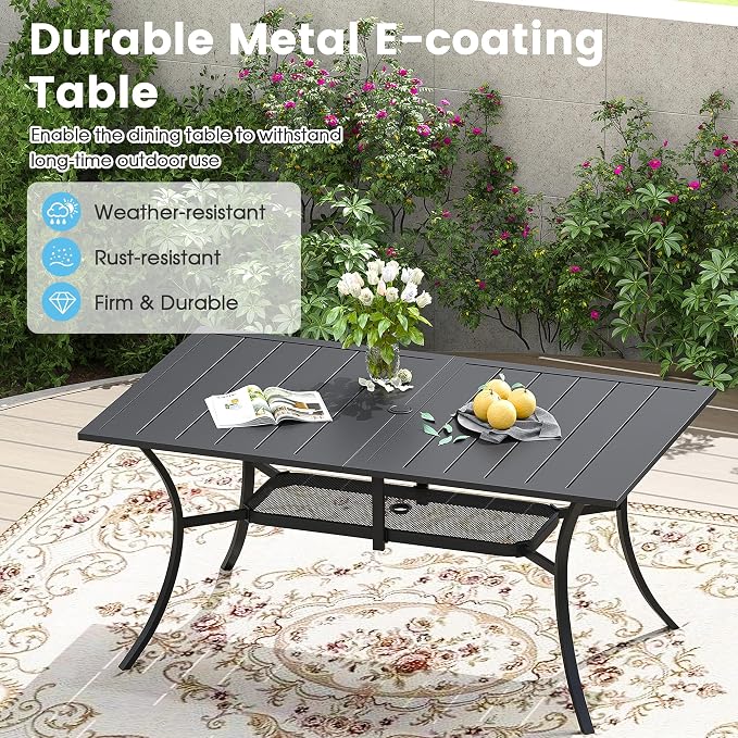 7 Pieces Patio Dining Set, 59" Rectangular Dining Table with Umbrella Hole, 6 Stackable Textilene Fabric Chairs, Metal Structure for Patio, Porch, Garden(Black Table, Grey Chair)